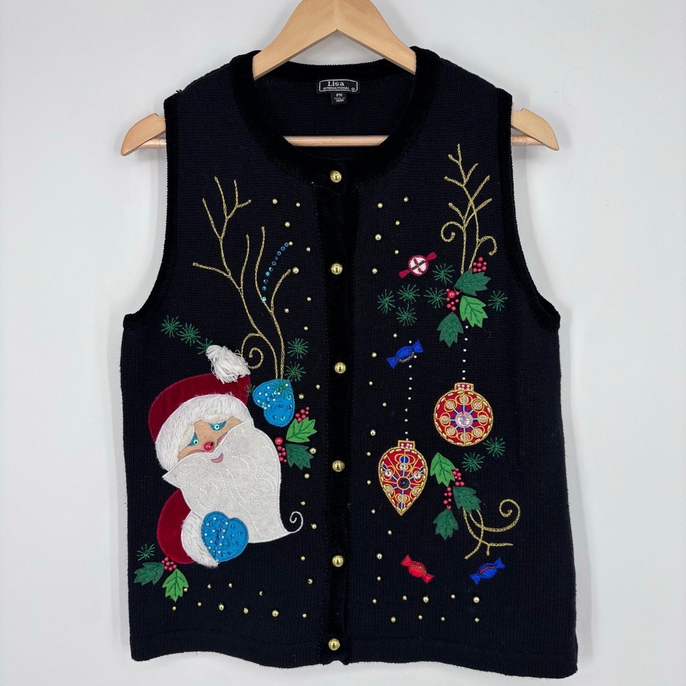 VTG Lisa International Embroidered Christmas Vest Womens PM Santa Claus Ramie